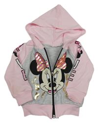 Světlešedo/melírovano-světlerůžová propínací mikina s Minnie a kapucí 
