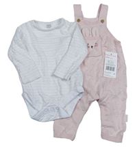 2set - Světlerůžové puntíkaté pletené laclové tepláky s králíkem + bílo-růžové pruhované body F&F