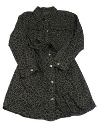 Antracitové plátěné propínací košilové šaty s leopardím vzorem a páskem Nutmeg