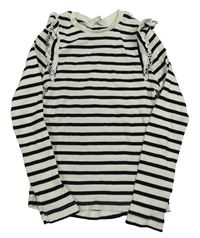 Smetanovo-černé pruhované žebrované triko s volánky George