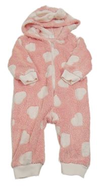 Růžová chlupatá kombinéza se srdíčky a kapucí Shein