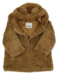 Hnědá kožešinová zateplená bunda s kapucí s oušky Primark