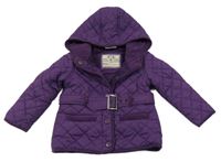 Fialová prošívaná šusťáková zateplená parka s páskem a kapucí Topomini