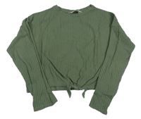 Khaki žebrované úpletové crop triko s uzlem H&M