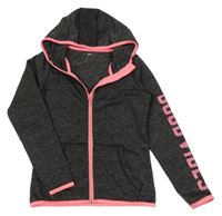 Černá melírovaná sportovní propínací mikina s nápisem na rukávu a kapucí