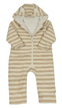 Smetanovo-béžová pruhovaná fleecová podšitá kombinéza s nápisem a kapucí F&F