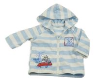Světlemodro-bílá pruhovaná propínací mikina se psem a kapucí