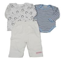 3set - Bílé triko s tučňáky + bílo-modré pruhované body + bílé lehké tepláky