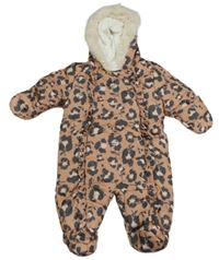 Hnědo-šedá šusťáková zimní leopardí kombinéza s kapucí s kožešinou George