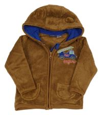 Hnědá chlupatá propínací mikina s hasiči a kapucí zn. Lupilu