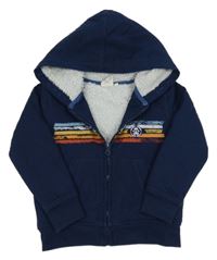 Tmavomodrá zateplená propínací mikina s pruhy a kapucí 