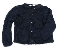 Tmavomodrý chlupatý propínací svetr H&M