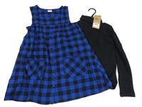 Nové - 2 set - černé žebrované triko s rolákem + modro-černé kostkované propínací šaty Next