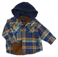 Modro-hnědá kostkovaná zateplená košilová bunda s teplákovou kapucí Next