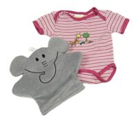 2 set - růžové pruhované body + šedá žínka se slonem 