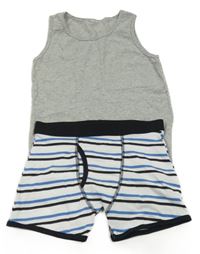 2 set - šedý melírovaný nátělník + bílo-modré pruhované boxerky Primark