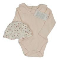 Nové - 2 set - světlerůžové body s límečkem + bílá čepice s kvítky F&F