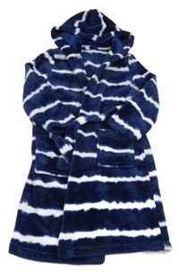 Tmavomodro-bílý pruhovaný plyšový župan s kapucí dunnes