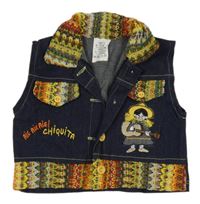 Tmavomodrá lehká riflová vesta s barevným úpletovým lemem 