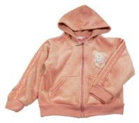 Růžová plyšová propínací mikina s medvídkem a kapucí 