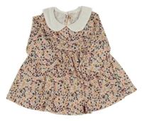 Bílo-hnědo-barevné květované šaty s límečkem Shein