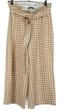Dámské béžovo-bílé kostkované culottes kalhoty s páskem zn. Boohoo