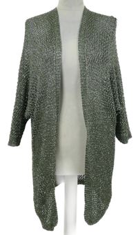 Nové - Dámský khaki třpytivý háčkovaný svetrový cardigán 