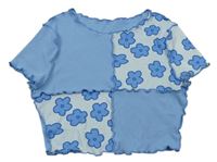 Modro-bílé žebrované crop tričko s kytičkami shein