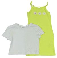 2set- neonově žluté žebrované šaty s kytičkami+ bílé crop tričko Matalan