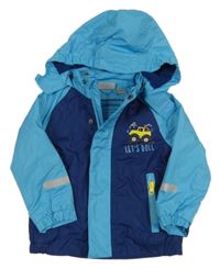 Tmavomodro-azurová šusťáková jarní bunda s autem a kapucí Impidimpi