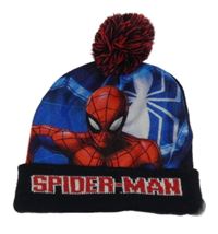 Modro-tmavomodrá čepice se Spidermanem a bambulí