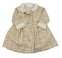 Béžovo-zlato-smetanový pletený kabát s kožešinou a mašlemi 