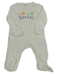 Bílý puntíkatý overal s nápisem a kuřátky F&F