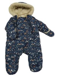 Tmavomodrá prošívaná šusťáková zimní kombinéza se zvířátky a houbičkami a kapucí TAPE 'A L'OEIL 