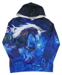 Modro-tmavomodrá vzorovaná mikina s jednorožcem a kapucí 