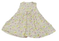 Bílo-růžovo-zelené květované plátěné šaty s motýly 