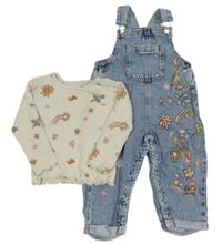 2set - Modré riflové laclové kalhoty s kytičkami + béžové žebrované triko 