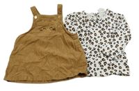 2set - Béžové manšestrové šaty s kočkou + bílé triko se vzorem H&M