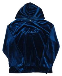 Tmavomodrá sametová mikina s nápisem a kapucí Shein