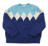 Tmavomdro-modro-bílý vzorovaný vlněný svetr 