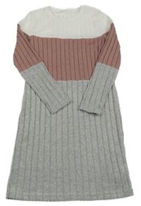 Šedo-růžovo-bílé žebrované svetrové šaty Shein