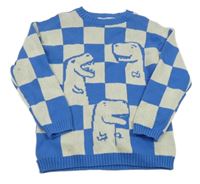 Modro-smetanový kostkovaný svetr s dinosaury H&M