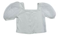 Bílé žebrované crop tričko s tylovými balonovými rukávy s puntíky SHEIN