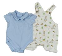 2Set - Bílé teplákové laclové kraťasy s králíčky - Peter Rabbit + světlemodré body s límečkem morrisons