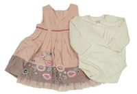 2Set - Světlerůžovo-fialovohnědé manšestrové šaty s květy + smetanové body Next