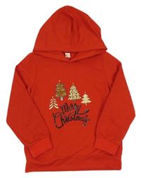 Červená mikina s vánočními stromečky a nápisy a kapucí SHEIN