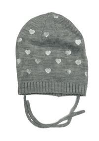 Šedá melírovaná pletená zavazovací čepice srdíčky Topomini