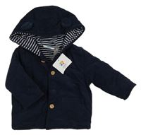 Nové - tmavomodrý manšestrový zateplený kabátek s kapucí s oušky Topomini