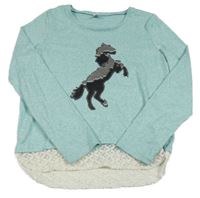 Mentolové melírované úpletové mikinotriko s koníkem z překlápěcích flitrů a krajkovým volánkem YIGGA