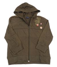 Tmavohnědá propínací mikina s číslem a písmenkem a plackami a kapucí MILLS